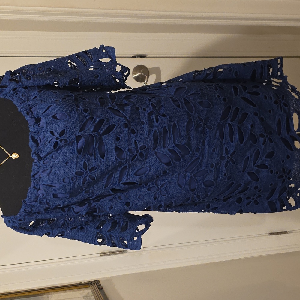 REDUCED! NWT Stunning Navy Blue Off/On the Shld Eyelet Dress Fully Lined Size L